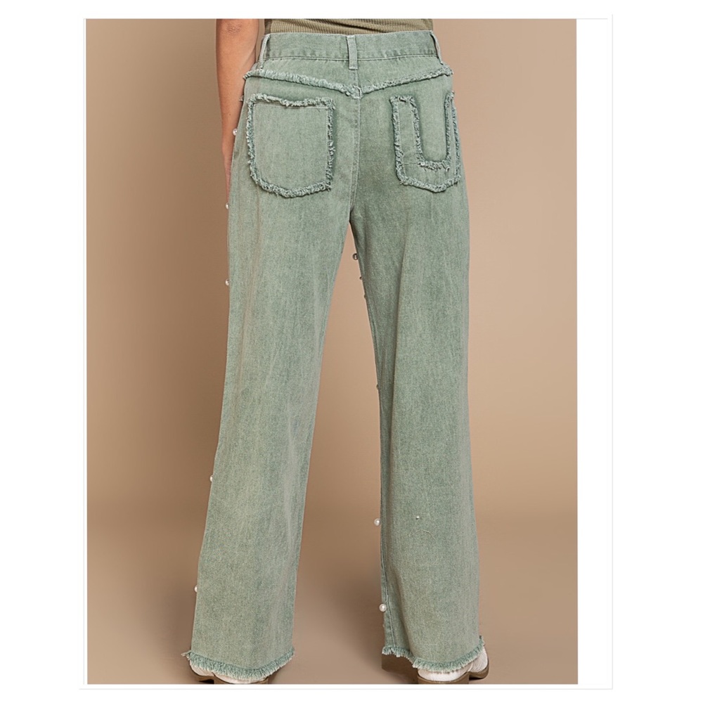 POL Sage Green Straight Leg Pearl Beaded Denim Jeans - Picture 3 of 6